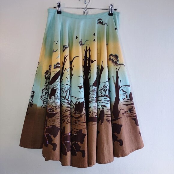 Lapis Full Circle Skirt Boho Sequin Travel Scene Coquette Retro Size Large - Picture 5 of 9